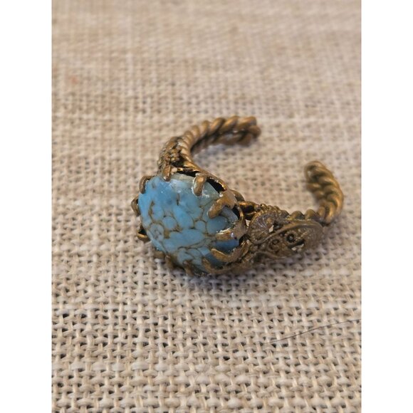 Vintage Bronze Adjustable Ring With Turquoise Stone & Ornate Scrollwork Design - Picture 5 of 5